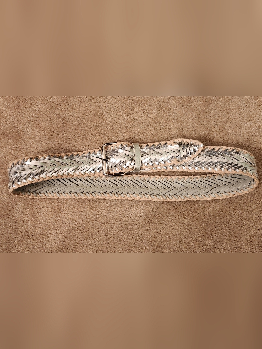 New York & CO Woven Braided Belt in Silver & Tan